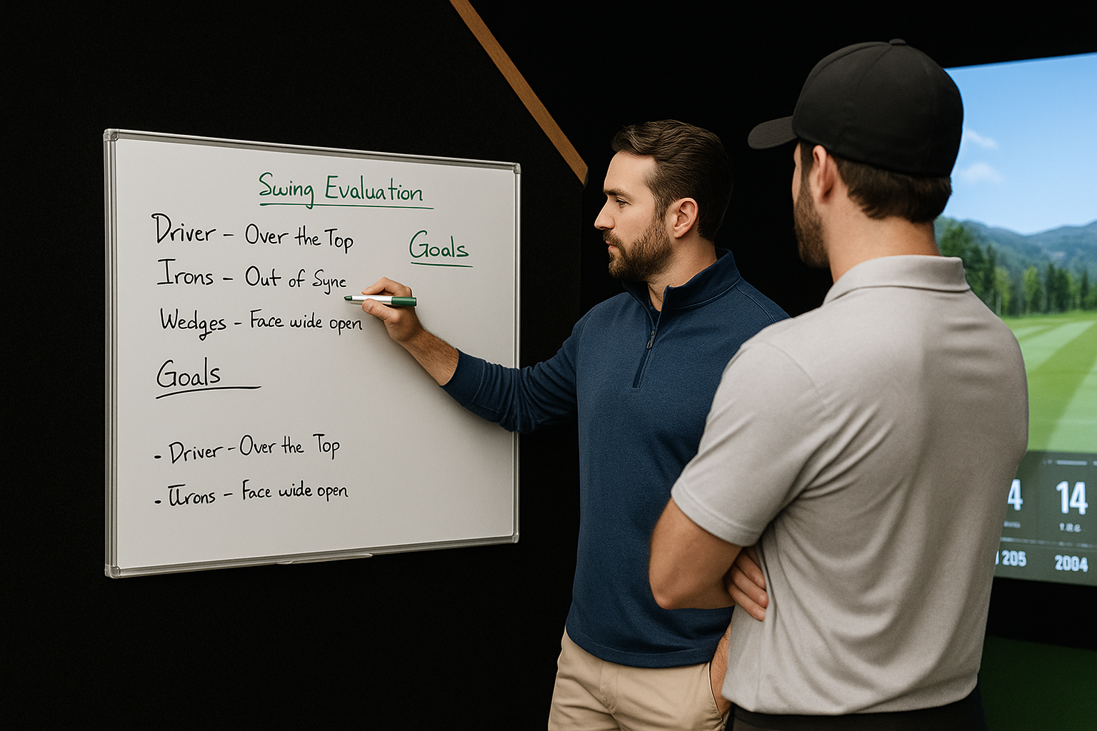 golf player getting lesson on simulator